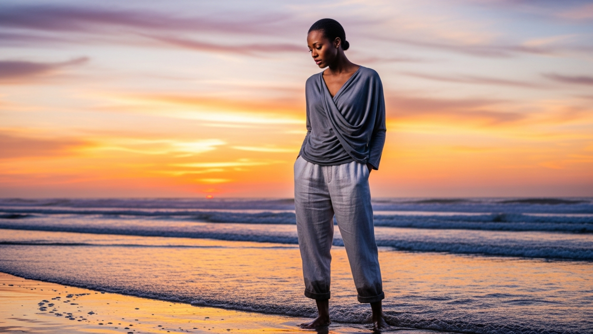 Woman at beach at sunset 11202025 National Depression & Mental Health Screening Month