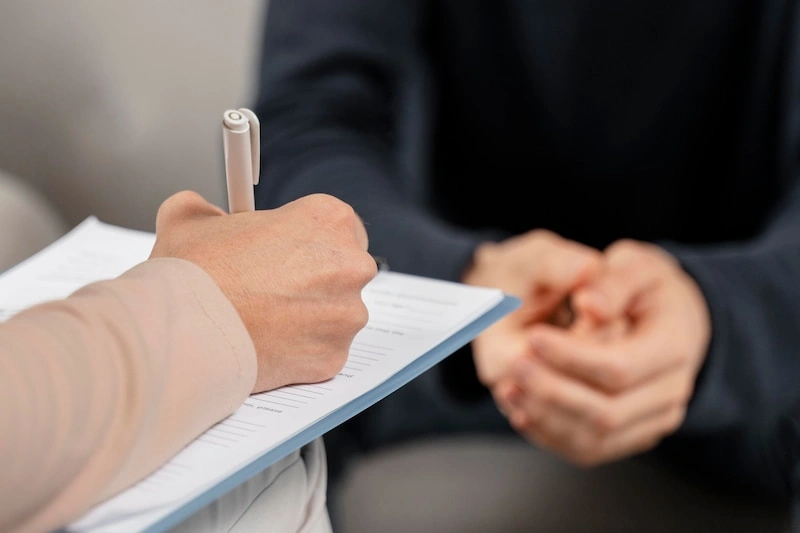 Counselor taking notes during a session with a young adult at Isaiah Counseling & Wellness in Charlotte, NC.