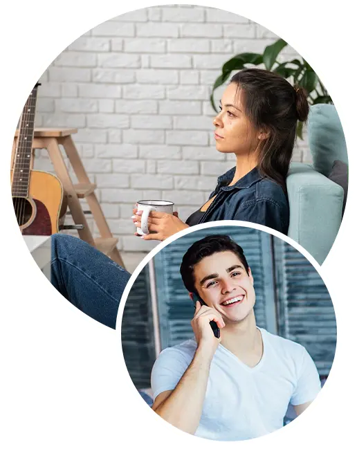 Woman at home with a cup and a smiling man speaks by phone for young adult counseling at Isaiah Counseling & Wellness in Charlotte, NC
