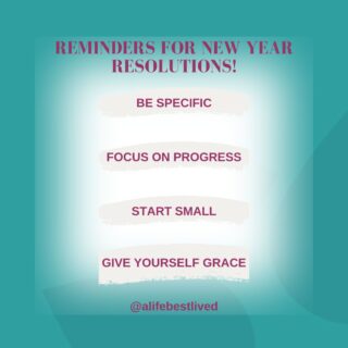 New Year, New Goals! 

When setting goals and resolutions for this year, keep these helpful tips in mind. You get to set the pace for your goals. Remember to start small, be specific, and be kind to yourself. You've got this! 

-
#therapy #newyear #explore #goals #mentalhealth